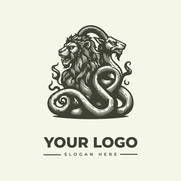 A vintage engraving-style illustration of a lion and snake logo on a beige background with the text 'YOUR LOGO' and 'SLOGAN HERE' in a simple, iconic design.
