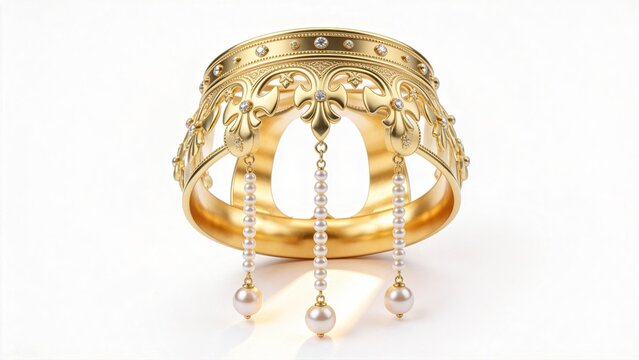 Luxury gold bangle with pearls and diamonds elegant jewelry design on white background highend fashion accessory for women bridal wedding gift ornate bracelet with intricate patter