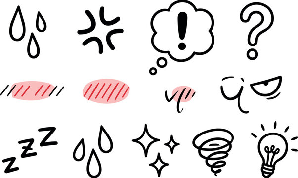 emotion doodle icon set, hand drawn emoji expressions with blush sweat question idea sleep sparkle tornado and light bulb symbols vector illustration isolated on transparent background
