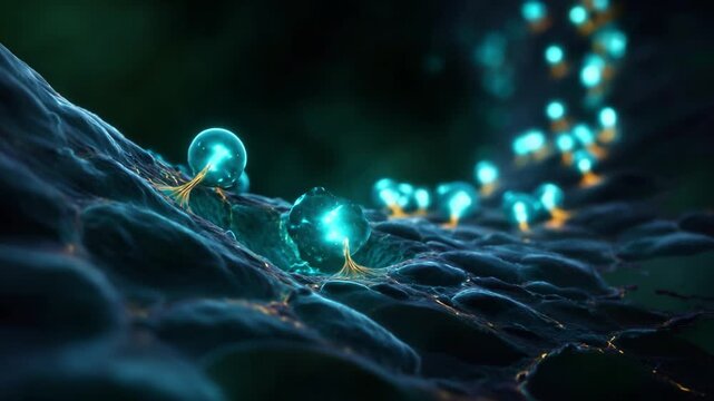 Microscopic View of Glowing Cells Interacting on a Biological Surface, Showcasing Intricate Structures and Dynamic Molecular Activity in a Vibrant Color Palette