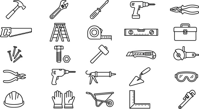 tools construction and repair outline icon set, hammer wrench screwdriver drill pliers saw ladder toolbox ruler level bolt nut knife and workshop equipment vector illustration isolated on transparent 