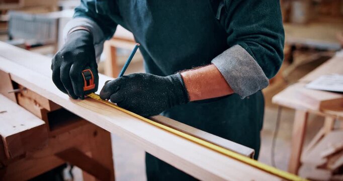 Man, hands and carpenter with measuring tape for lumber project, furniture or accuracy in workshop. Male person, measurement or pencil marking on wood plank for timber fit, precision or dimension