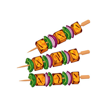 Grilled Paneer Tikka Skewers Indian Appetizer Vector Illustration