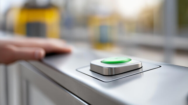 Contactless ticket kiosk validator with illuminated green buttons on a station counter, public transit ticketing hardware and commuter signage concept, defocused background, with copy space