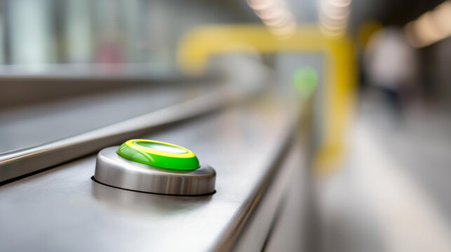 Contactless ticket kiosk validator with illuminated green buttons on a station counter, public transit ticketing hardware and commuter signage concept, defocused background, with copy space
