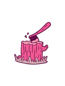 pressure popping animation of cartoon axe stuck in tree stump