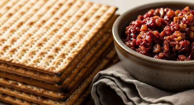 Stack of matzo next to bowl of charoset.