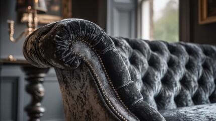 Obraz premium Luxurious deep button tufted dark velvet cushion on a sophisticated sofa, evoking comfort and opulent interior design.