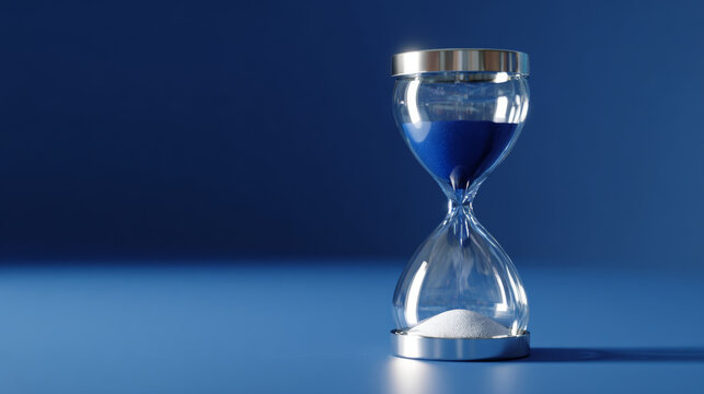 A sand timer with blue and white sands on a reflective surface against a dark background