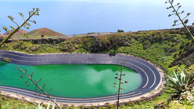 Aerial View Hydraulic Battery Reservoir Energy Storage Renewable Grid Resilience Sustainable Infrastructure El Hierro Canary Islands Spain