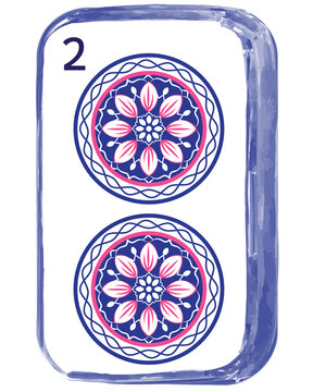 chinoiserie mahjong blue color of Dots Mahjong Tile with Floral Pattern Circles