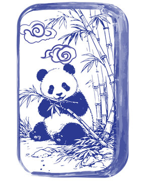 Giant Panda in Bamboo Forest Mahjong Tile Illustration in Blue and White Porcelain Style