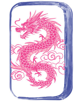 chinoiserie mahjong Tile,pink dragon in mahjong tile.