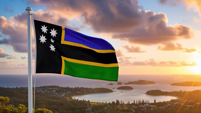 australian south sea islanders, national flag waving on the wind with the panorama in the background