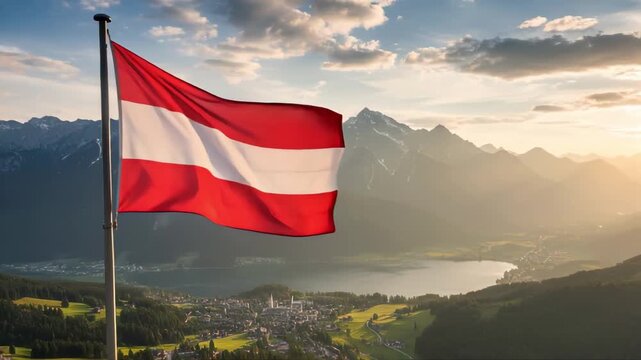 austrian national flag waving on the wind with the panorama of austria in the background