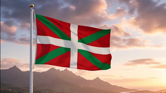 basque country National flag waving on the wind with the panorama in the background