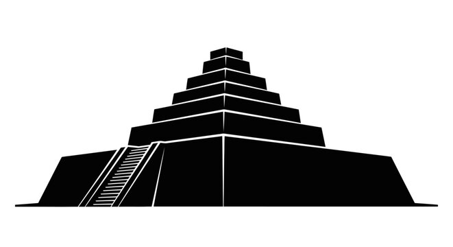 Minimalist Vector Illustration of an Ancient Ziggurat Tiered Temple, Black and White Mesopotamian Architecture Graphic