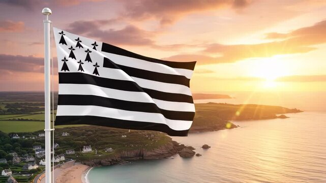 brittany bational flag waving on the wind with the panorama of Ukraine  in the background