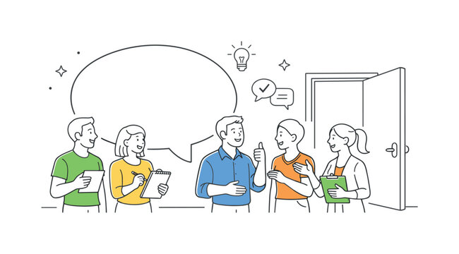 A workplace transparency and open communication culture scene showing team members sharing updates and feedback together around a large speech bubble and a simple open door, using