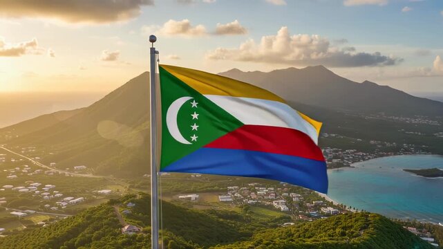comore National flag waving on the wind with the panorama in the background