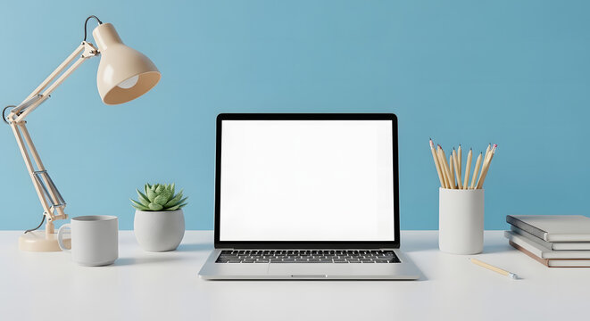 Laptop mockup with blank white screen on white desk with blue background