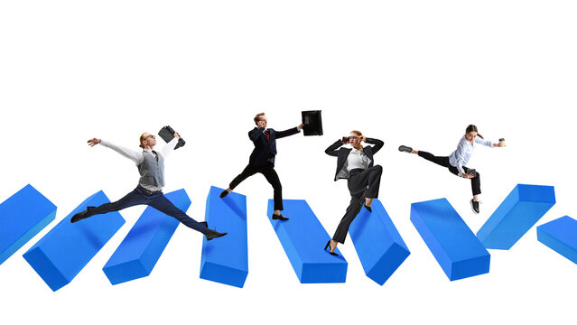 Business team jumping across blue geometric blocks in synchronized motion isolated on white background. Concept of teamwork cooperation success leadership and continuous corporate growth.