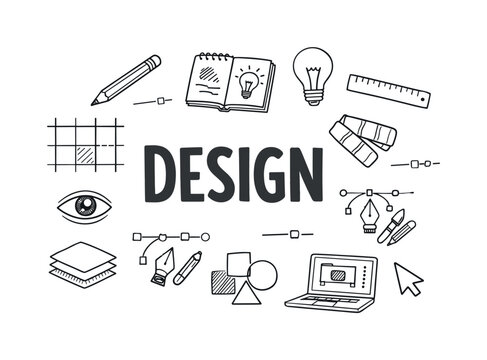 Creative design process and visual thinking concept centered on sketching ideas, refining concepts, and producing visual solutions in a professional workflow. DESIGN title with