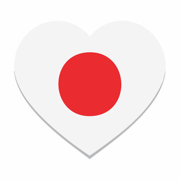 A simple heart shape icon featuring the national flag of Japan, displaying its distinctive red sun disc on a pure white background, symbolizing patriotism, love, and cultural identity