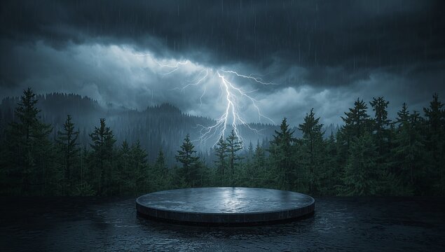 Dramatic Thunderstorm Over a Calm Lake with Rain and Lightning