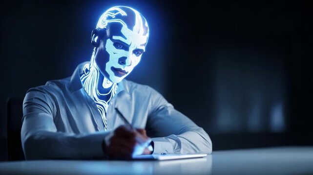 A futuristic humanoid robot with glowing neural circuits writes thoughtfully in a dimly lit environment, exploring the intersection of technology and creativity.