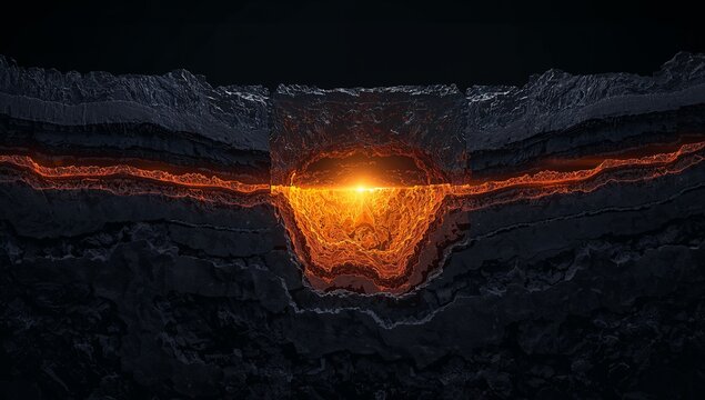 Abstract Geothermal Landscape with Glowing Lava and Rock Layers