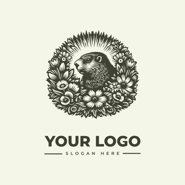 Vintage style illustration of a groundhog surrounded by blooming spring flowers for a logo design.