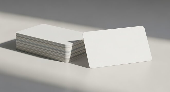 A stack of blank white cards with rounded corners next to a single upright blank card on a light surface with soft shadows.