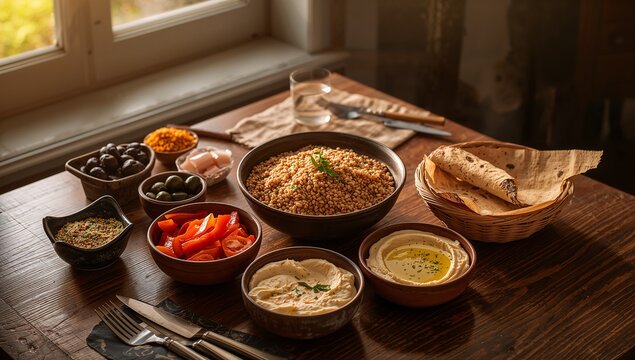 Traditional Middle Eastern Meal with Hummus, Tabouli, and Vegetables