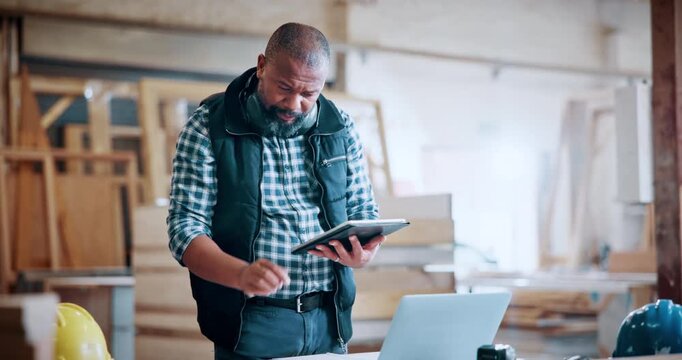 Carpentry, typing and black man with tablet in workshop for lumber order, supplier invoice or inventory. Carpenter, mature person and tech for client email, progress checklist or furniture production
