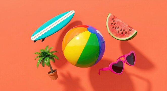 Summer Fun Essentials Floating on Vibrant Background: Beach Mood Items