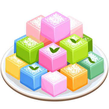 Illustration of putri noong, a colorful Indonesian dessert made of soft jelly-like layers filled with banana, served on a plate with vibrant pastel colors