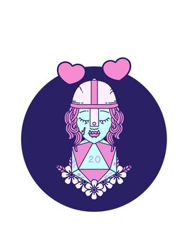 spinning hearts animation of half orc fighter character with natural twenty dice roll