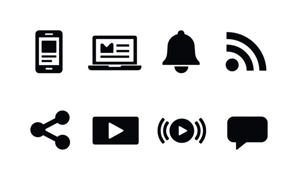 Digital news and media platforms: smartphone news app, laptop with article, notification bell, rss feed, social media share, play video, live stream signal, comment bubble