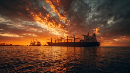 Obraz premium Cargo ship silhouette against vibrant sunset over calm waters