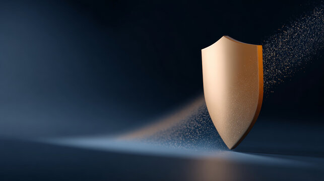 A gold shield with a glowing outline and particles trailing behind it on the right side, set against a dark blue background