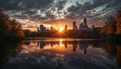 Naklejka premium Sunset Over City Skyline with Reflections in Calm Water Surface
