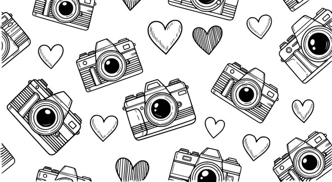 Seamless pattern of vintage cameras and hearts hand drawn in black and white a white background