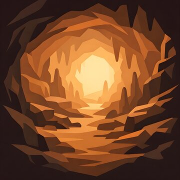 A minimalist flat vector illustration of an ancient cave entrance with warm glowing light shining through the dark rocky tunnel isolated on transparent background