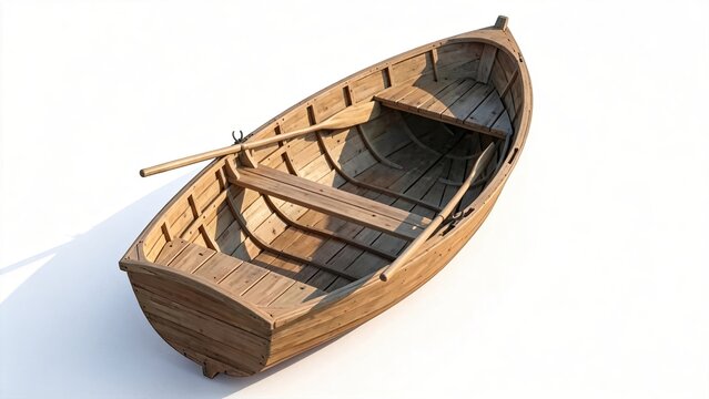 Wooden rowboat with oars isolated on white background traditional design vintage style empty vessel nautical theme classic craftsmanship isolated object high angle view,detail