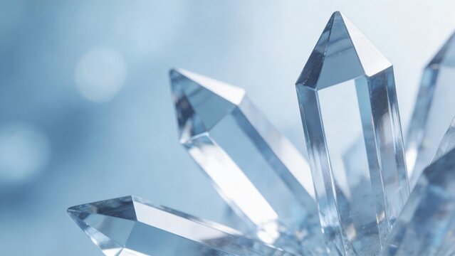 Closeup of clear quartz crystal points with geometric facetsshining against soft blue bokeh backgroundmacro photography of natural mineral structure for spiritualhealingor
