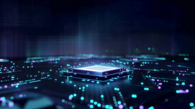 Futuristic 3D animation of a powerful CPU microchip activating with glowing neon light circuits.