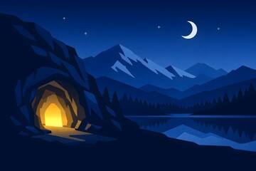 Obraz premium A serene night landscape featuring a glowing cave entrance near a peaceful lake under a crescent moon and starry sky horizon isolated on transparent background