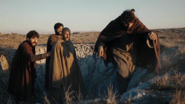 Joseph's brothers conspiring near a pit in the wilderness. Biblical scene of the brothers plotting to betray Joseph in Dothan