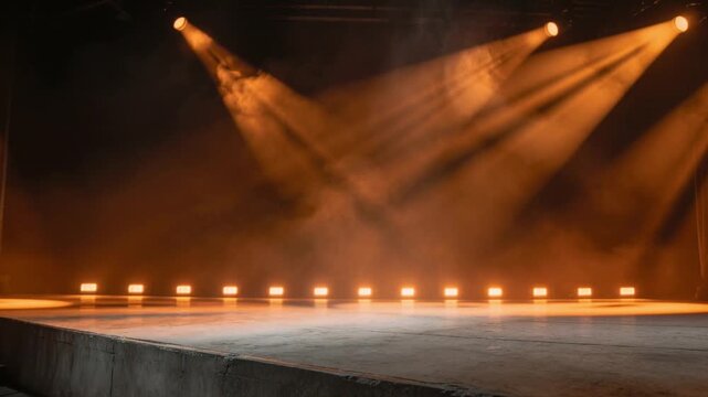 Metallic podium lit by LED perimeter lights and a dramatic warm spotlight with mist on a reflective studio floor.
